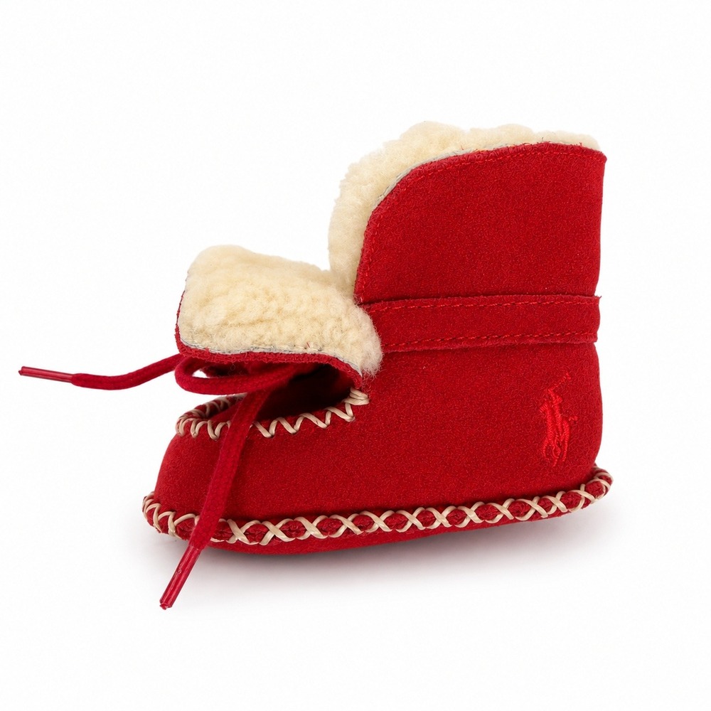 Ralph Lauren Infant Red Suede Shearling Moccasin Booties Pony Logo Soft Sole